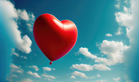 Red balloon in heart shape flying on the air with blue sky background. Valentines day concept. Generative AIの素材