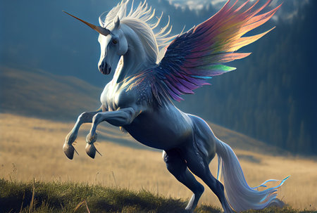 White unicorn with rainbow wings on the top of mountain background. Generative AIの素材