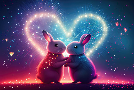 Rabbit couple with heart shape light background. Valentines day concept. Generative AIの素材