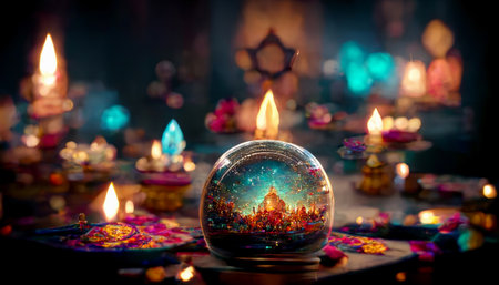 Diwali festival with colorful candles light and bokeh background. Generative AIの素材