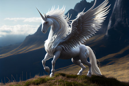 White unicorn with wings on the top of mountain background. Generative AIの素材