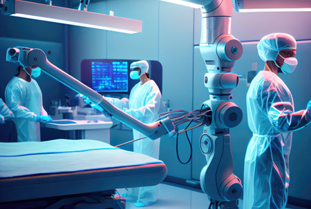 Surgical robot in operation room at modern hospital background. Medical and Innovation technology concept. Digital art illustration. Generative AIの素材