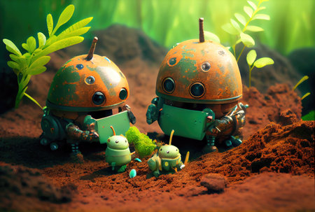 Little cute smart robot family living in the forest and holding seedlings to plant a forest. Environment conservation and technology concept. Generative AIの素材