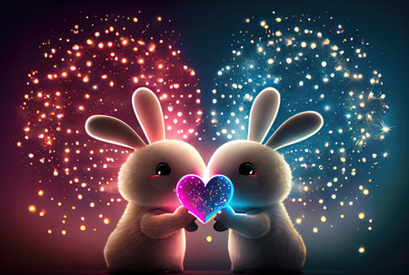 Rabbit couple with heart shape light background. Valentines day concept. Generative AIの素材