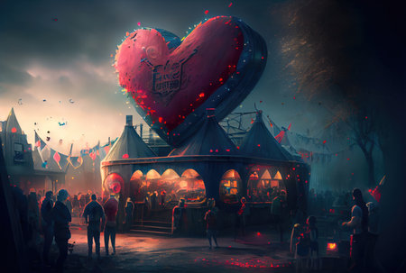 Circus with big red decorated heart shape background. Valentines day and romance concept. Digital art fantasy illustration. Generative AIの素材