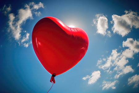Red balloon in heart shape flying on the air with blue sky background. Valentines day concept. Generative AIの素材