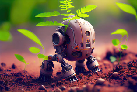 Robot forester living in the forest and planting the trees. Environment conservation and technology concept. Generative AIの素材