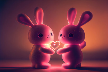 Rabbit couple with heart shape light background. Valentines day concept. Generative AIの素材
