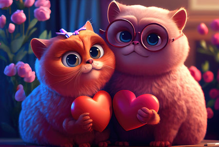 Cute cat couple with red heart for Valentines day. Love and lover concept. Generative AIの素材