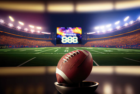 American football in front of LCD TV display scoreboard in stadium background. Sport and tournament concept. Digital art illustration. Generative AIの素材