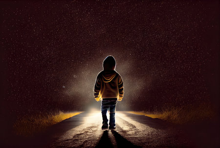 Back view of lost child was standing in the middle of a street lit by the headlights of cars in the dark background. People and lifestyles concept. Digital art illustration. Generative AIの素材