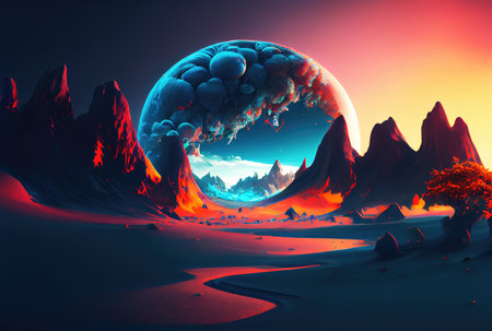 Abstract surreal sand dune landscape in the outer space backgrounds. Nature and art concept. Digital art illustration. Generative AIの素材