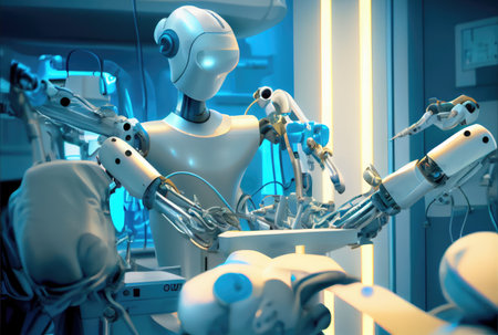 Surgical robot in operation room at modern hospital background. Medical and Innovation technology concept. Digital art illustration. Generative AIの素材