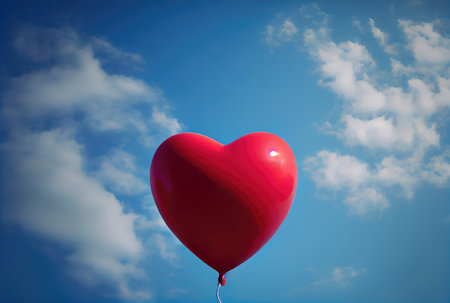 Red balloon in heart shape flying on the air with blue sky background. Valentines day concept. Generative AIの素材