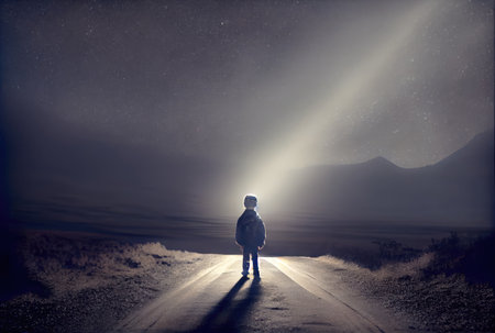 Back view of lost child was standing in the middle of a street lit by the headlights of cars in the dark background. People and lifestyles concept. Digital art illustration. Generative AIの素材