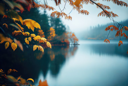 Overhanging Autumn Trees in a Forest with dense distant over the lake or river water background. Nature and outdoor concept. Digital art illustration. Generative AIの素材