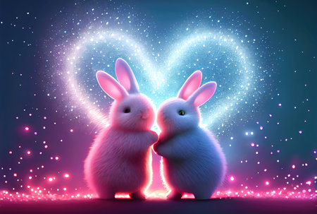 Rabbit couple with heart shape light background. Valentines day concept. Generative AIの素材