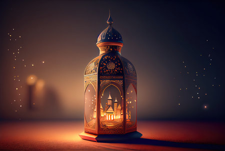 Ramadan festival lantern and props on the floor background. Culture and religion concept. Digital art illustration. Generative AIの素材