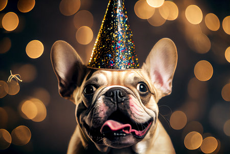 Portrait of cute happy French Bulldog in the celebration party with bokeh light and confetti in the dark background. Generative AIの素材