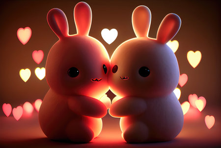 Rabbit couple with heart shape light background. Valentines day concept. Generative AIの素材