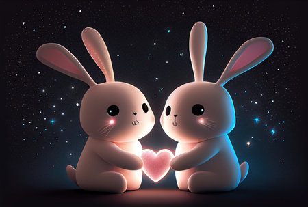 Rabbit couple with heart shape light background. Valentines day concept. Generative AIの素材