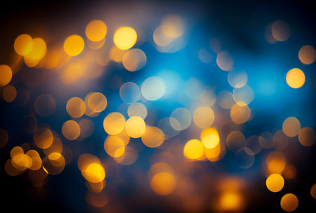 Many defocused light bokeh background in blue and yellow color. Generative AIの素材