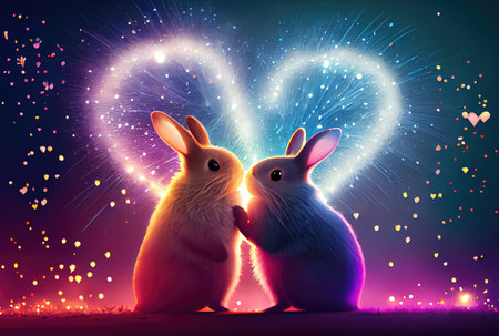 Rabbit couple with heart shape light background. Valentines day concept. Generative AIの素材