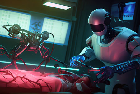 Surgical robot in operation room at modern hospital background. Medical and Innovation technology concept. Digital art illustration. Generative AIの素材