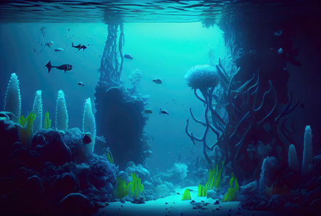 Deep sea and aquatic life with sunshine background. Marine life and undersea concept. Generative AIの素材