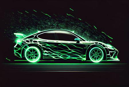Modern car with green light trail as speed and energy power on black dark background. Transportation and innovation concept. Generative AIの素材