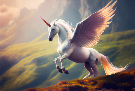 White unicorn with wings on the top of mountain background. Generative AIの素材