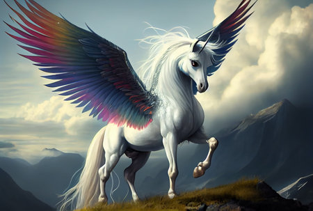 White unicorn with rainbow wings on the top of mountain background. Generative AIの素材