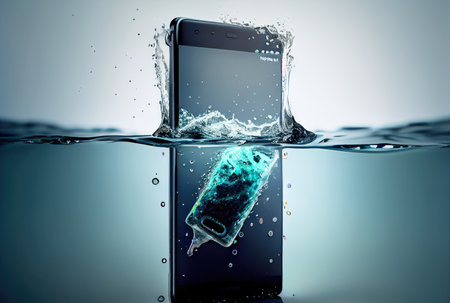 Smartphone fell into the water and was sinking deep background. Telecommunication and technology concept. Digital art illustration. Generative AIの素材