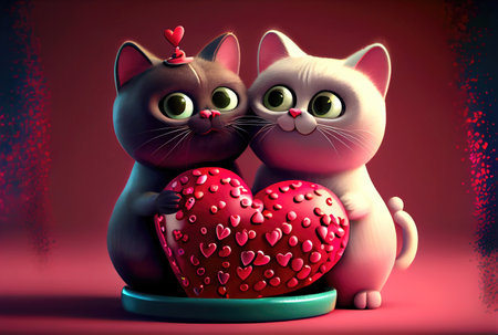 Cute cat couple with red heart for Valentines day. Love and lover concept. Generative AIの素材