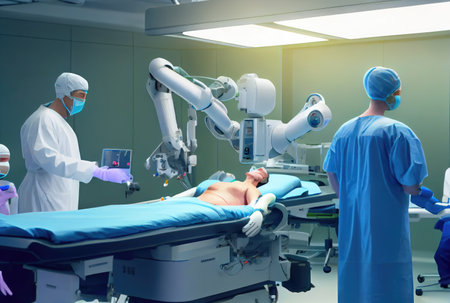 Surgical robot in operation room at modern hospital background. Medical and Innovation technology concept. Digital art illustration. Generative AIの素材