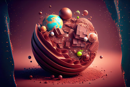 Chocolate in earth world shape on the floor background. Food and sweet dessert concept. Digital art illustration. Generative AIの素材