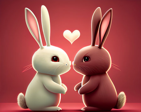 Cute cartoon rabbit couple with white heart on red carpet background in Valentines day. Generative AIの素材