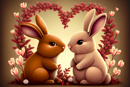 Cute cartoon rabbit couple holding hands with red garland heart-shape on background in Valentines day concept. Generative AIの素材