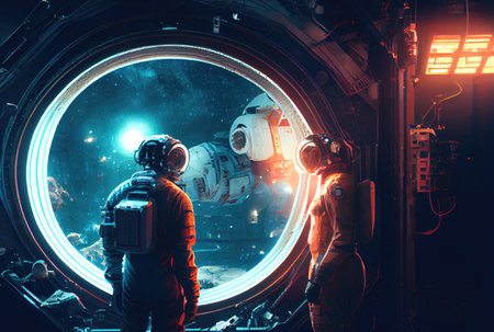 A team of astronauts traveling in space inside a spaceship with nebula in the background. Science and technology concept. Generative AIの素材