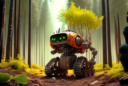 Robot forester living in the forest and planting the trees. Environment conservation and technology concept. Generative AIの素材