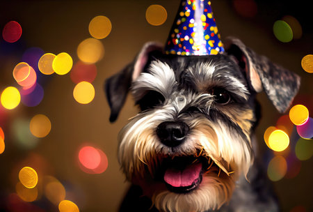 Happy Schnauzer dog in party with bokeh light background. Animal and pet concept. Generative AIの素材
