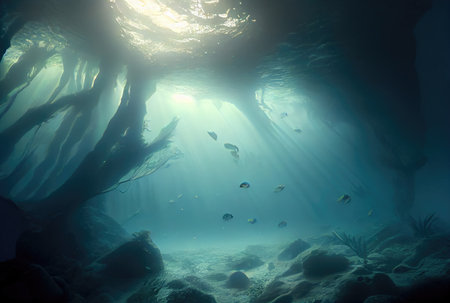 Deep sea and aquatic life with sunshine background. Marine life and undersea concept. Generative AIの素材