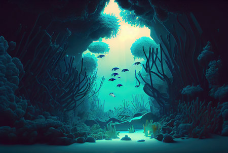 Deep sea and aquatic life with sunshine background. Marine life and undersea concept. Generative AIの素材