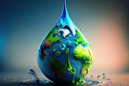 Earth in water drop shape dropping on the ground background. Environment and World savings concept. Digital art illustration. Generative AIの素材