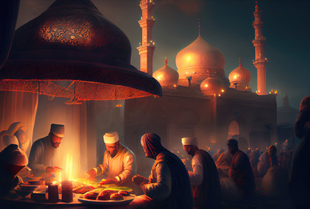Night market at the Indian town in the The Ramadan Festival or festival of lights with crowd people party background. Travel destination and landmark concept. Digital art illustration. Generative AIの素材