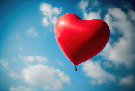 Red balloon in heart shape flying on the air with blue sky background. Valentines day concept. Generative AIの素材