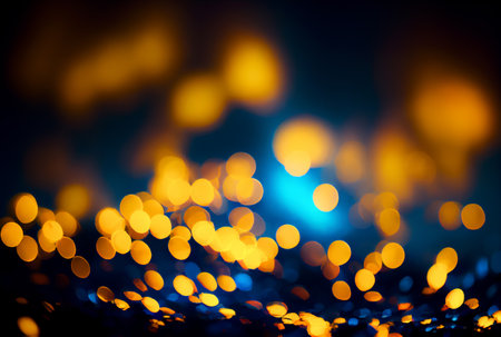 Many defocused light bokeh background in blue and yellow color. Generative AIの素材