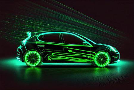 Modern car with green light trail as speed and energy power on black dark background. Transportation and innovation concept. Generative AIの素材