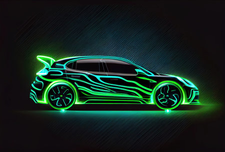 Modern car with green light trail as speed and energy power on black dark background. Transportation and innovation concept. Generative AIの素材