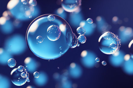 Blue glossy water bubble in underwater background. Nature and abstract concept. Generative AIの素材